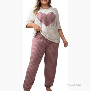 Plus Size Ribbed Pajama Set Half Sleeve Top and Pants Lounge Wear